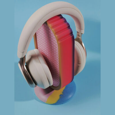 Modern headphone display stand from the Echo Series Rainbow Delight edition, showcasing handcrafted resin artistry and elegant form for stylish home or office setups.