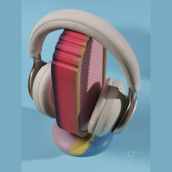 Limited edition Echo Series headphone stand with unique rainbow resin base, designed and manufactured in New Zealand as a functional art piece.