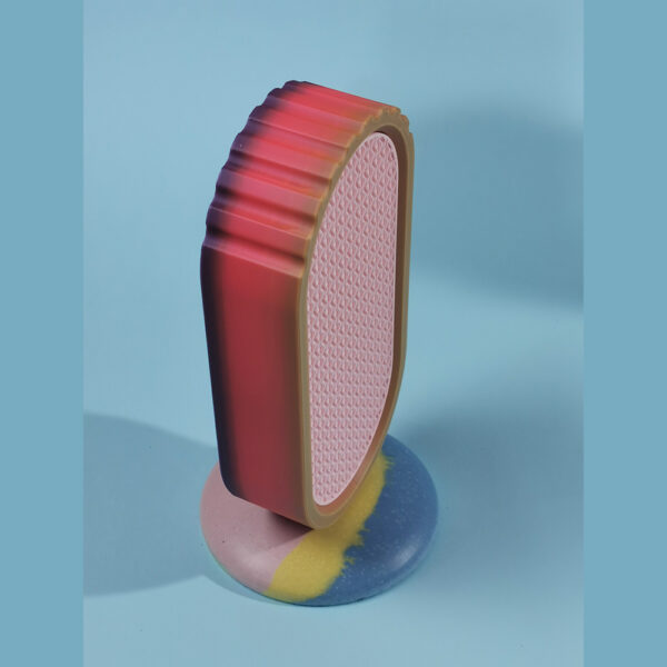 Close-up of the Rainbow Delight headphone stand showing shimmering aqua resin and rainbow colours blending into the sleek Echo Series design by Andy Sowden