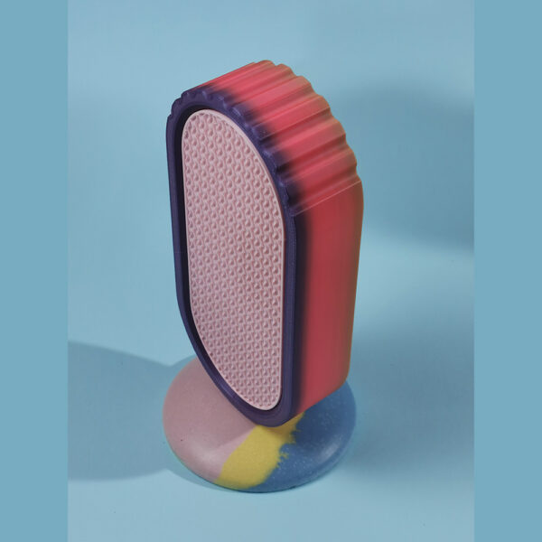Handcrafted headphone stand made in New Zealand with a one-of-a-kind coloured resin base and lightweight bioplastic frame, ideal for modern desks and creative studios